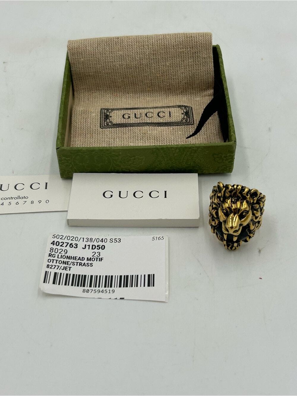 Unisex Gucci, Lionhead, motif, Black, Crystal, aged gold tone, finish size 10